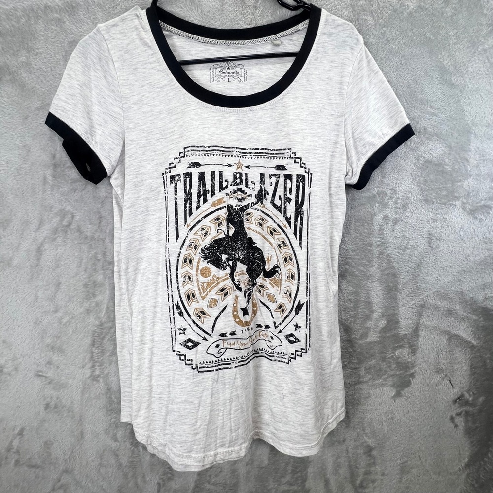 Panhandle Trailblazer Cowboy Graphic Ringer T-Shirt L Westerncore Boho‎ Rustic